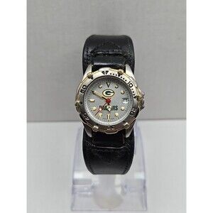 Womens Green Bay Packers Quartz Watch Date Gold Silver Leather Cuff New Battery